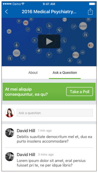 Event detail screen with the Ask a Question tab, a live poll and the question feed