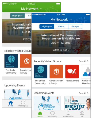 My Network home screens with Highlights, Events and Groups tabs, recently visited groups and upcoming events