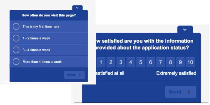 Two in-app survey widgets: how often the page is visited, and a 1 to 10 satisfaction rating on application status information