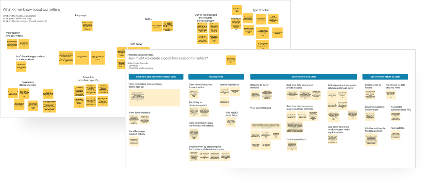 Seller research board with sticky notes on what is known about sellers, their pain points and seller types, above a four-stage journey map of potential solutions