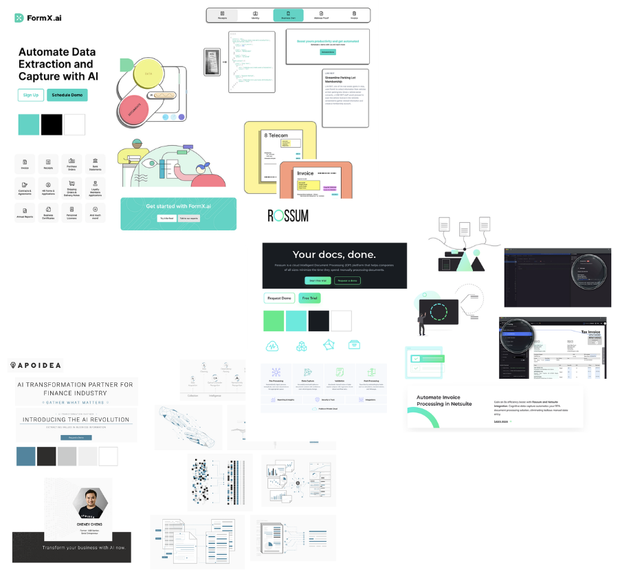 Competitor research board comparing FormX.ai, Rossum, Apoidea and other document automation tools