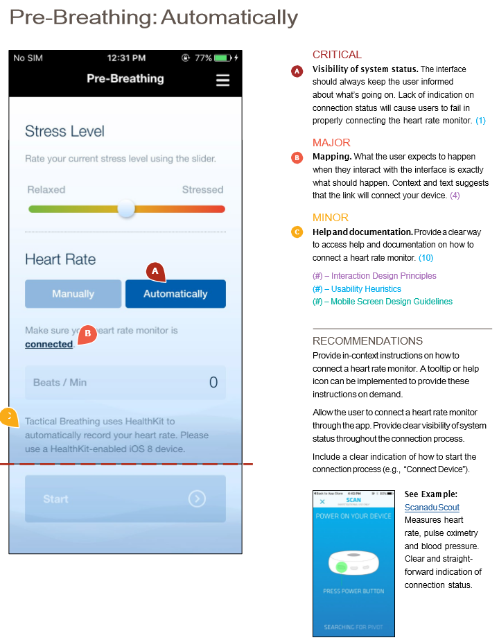 Annotated exercise setup screen with findings and recommendations