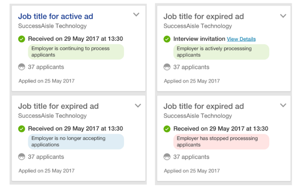 Four application cards showing statuses for active and expired ads, such as employer processing, interview invitation and no longer accepting applications