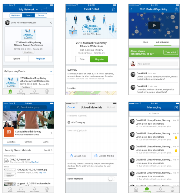 Grid of six app screens covering event registration, group materials, uploading media and messaging