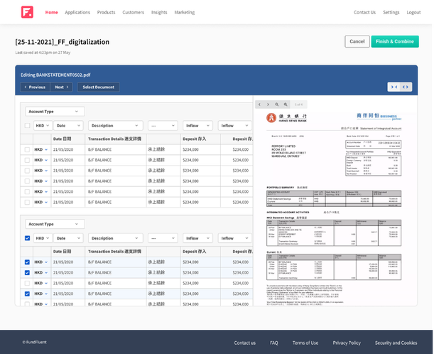 Editor showing extracted bank transactions in editable tables beside the original bank statement