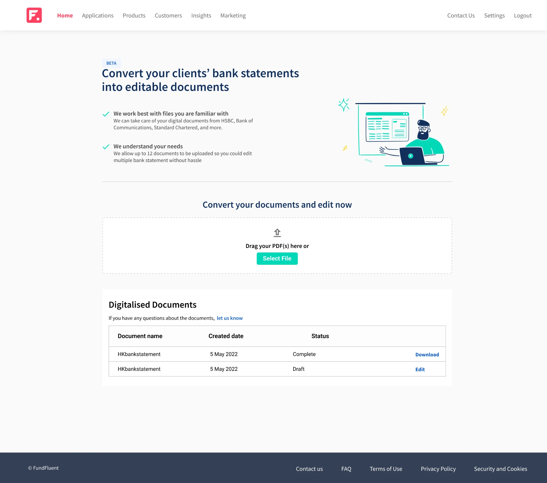 FundFluent home screen with a drag-and-drop PDF upload area and a list of digitalised documents