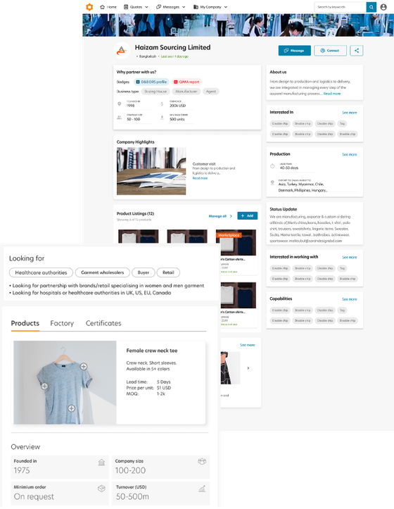 Supplier profile screens for Haizam Sourcing Limited showing company overview, capabilities, product listings and search filters
